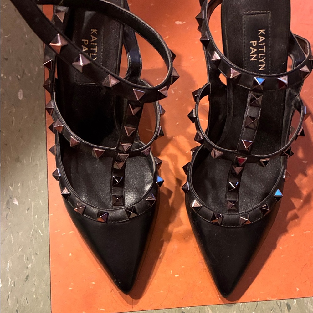 Kaitlyn Black Pyramid-Stud Strappy Pointed Heels